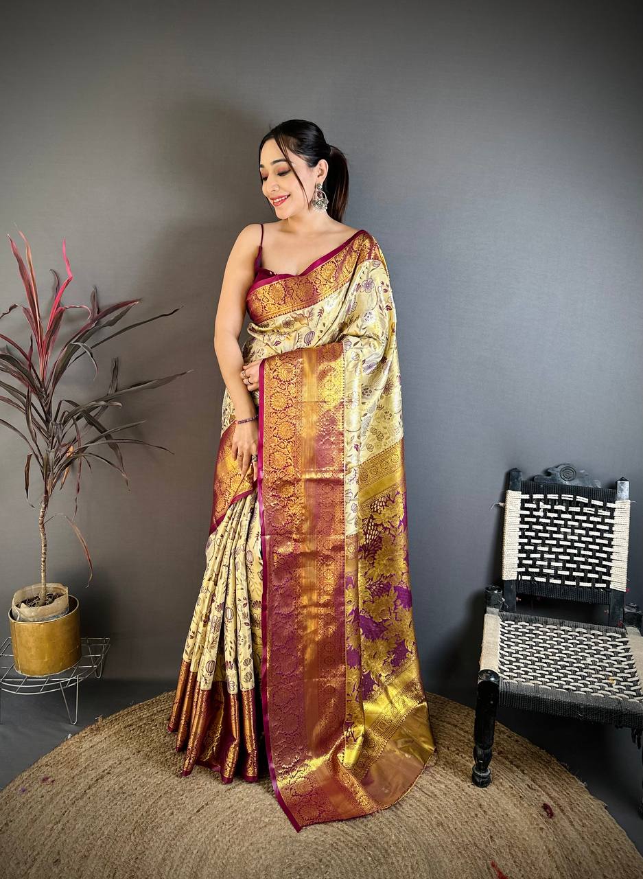 Kanjivaram Semi Silk Saree with Contrast Zari Border