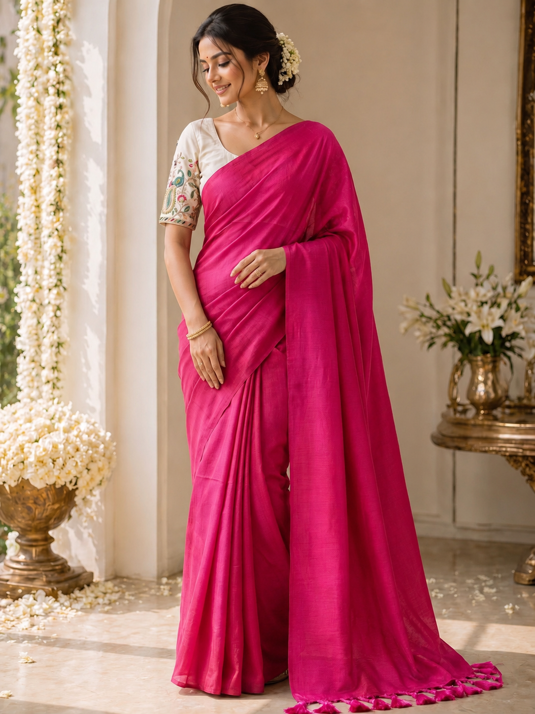 Khadi Cotton Saree with Embroidered Padded Blouse