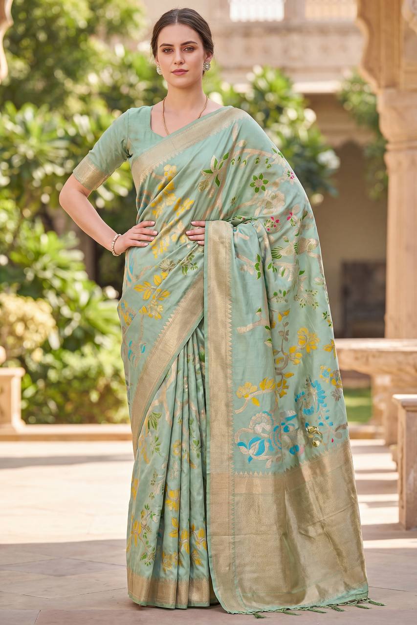 Hand Dyed Khadi Crepe Silk Saree with Bird Motifs