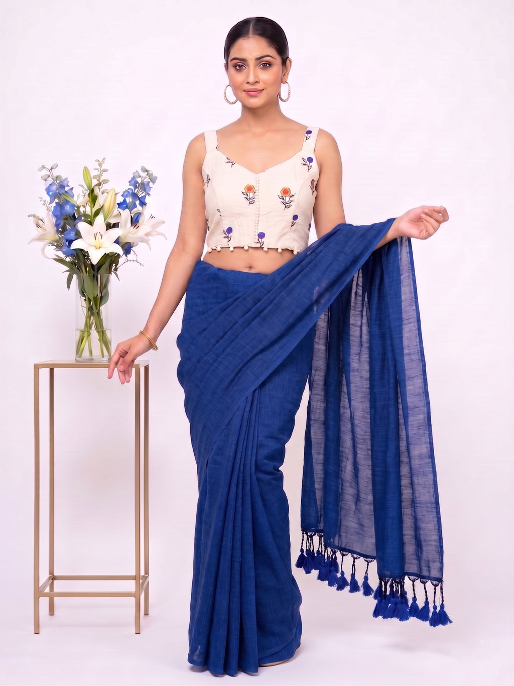 Khadi Cotton Saree with Designer Embroidered Sleeveless Blouse