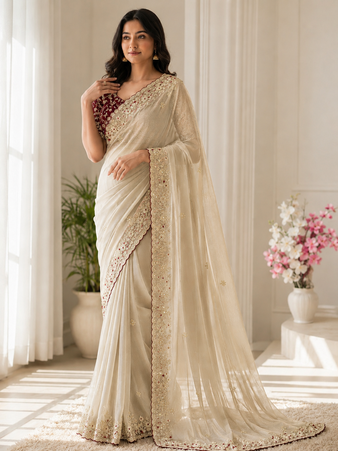 Fandy Satin C-Pallu Saree and Designer Stitched Blouse