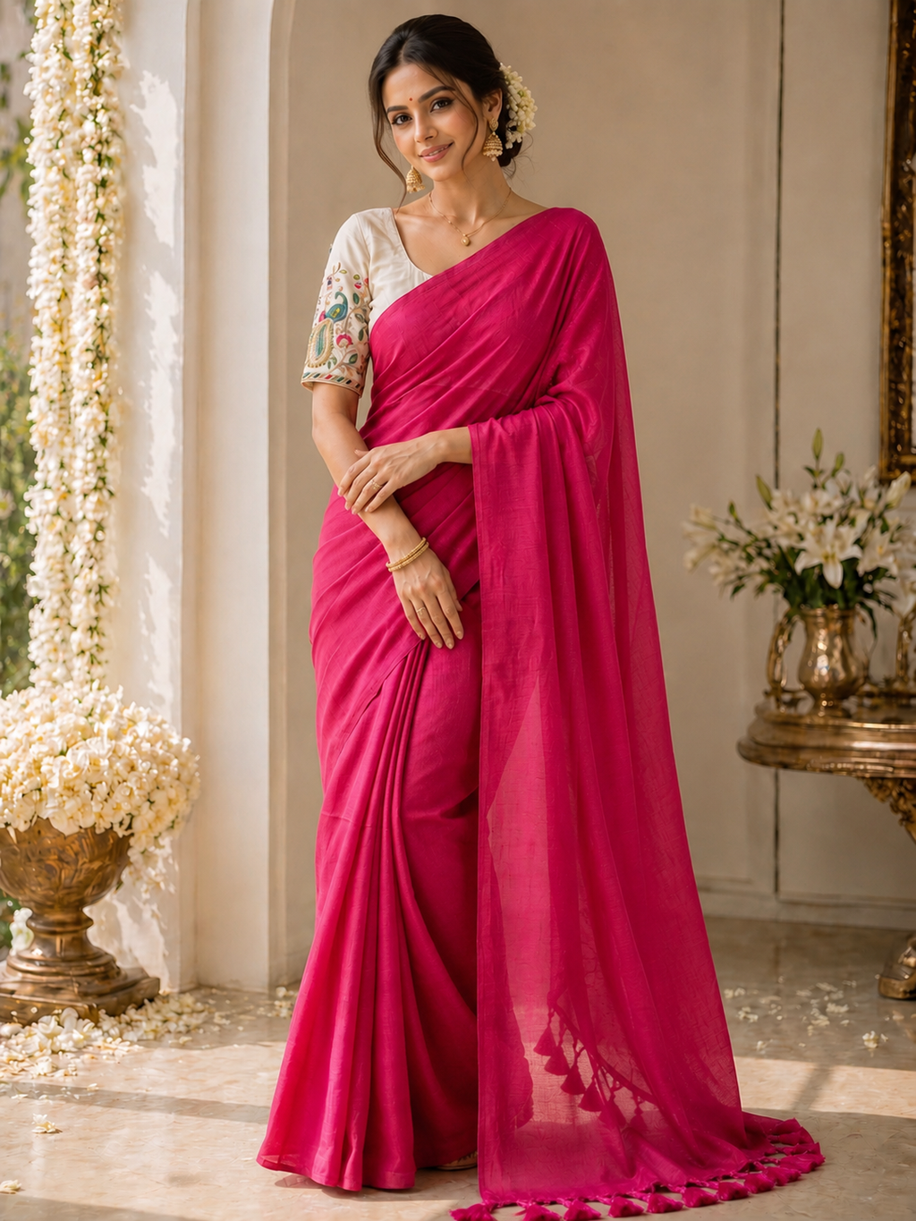 Khadi Cotton Saree with Embroidered Padded Blouse