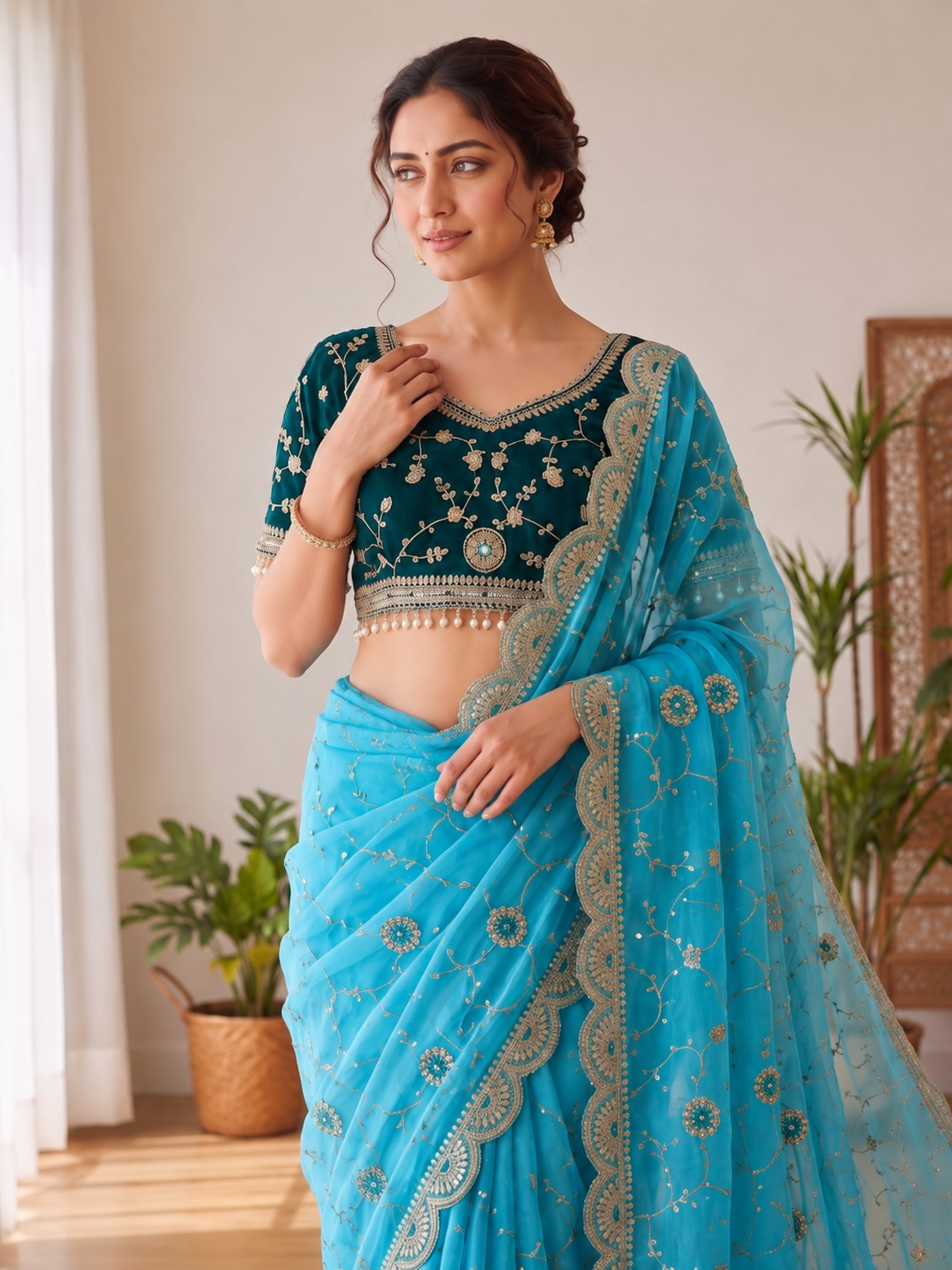 Embroidered Satin Saree with Heavy Sequin Blouse