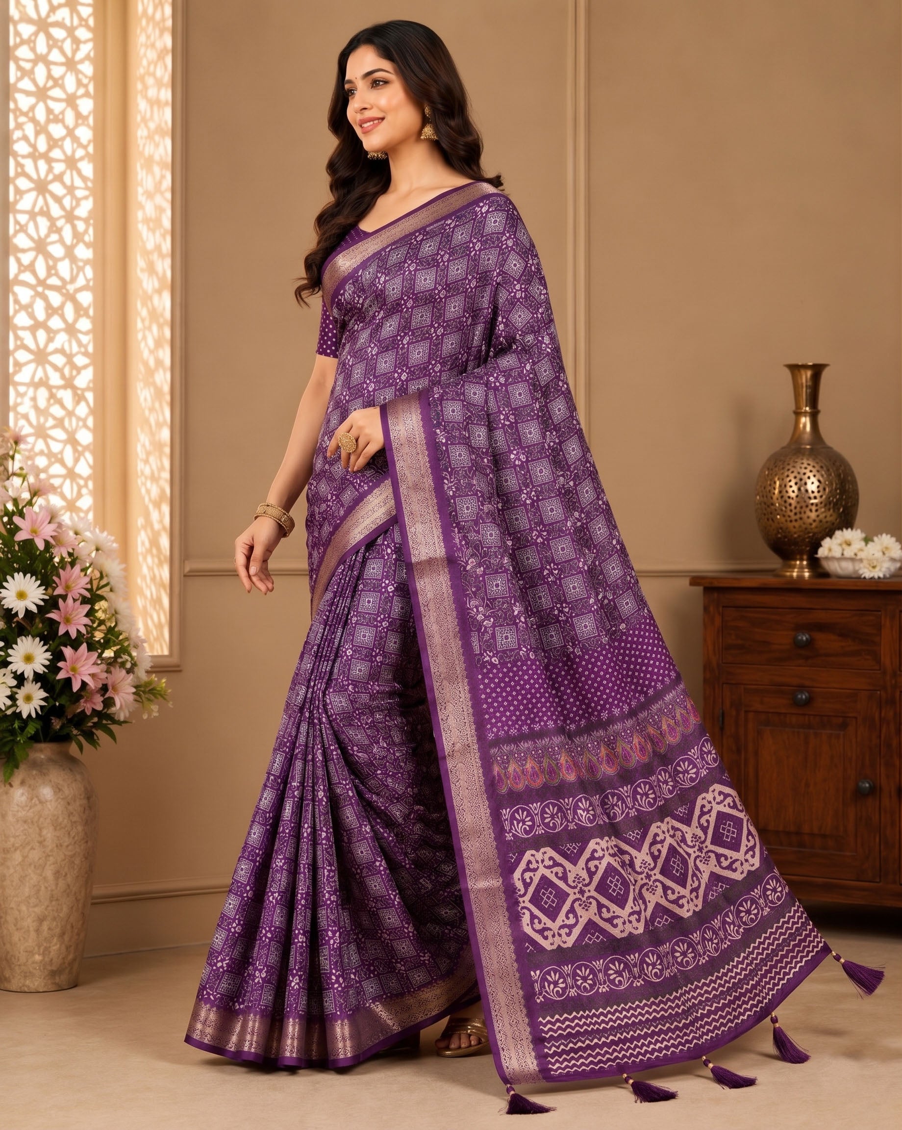 Premium Ajrakh Print Silk Blend Saree
