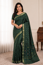 Bandhani Print Soft Silk Blend Saree with Rich Golden Zari Border