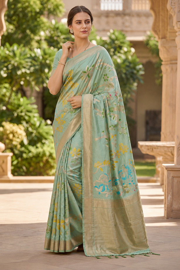 Hand Dyed Khadi Crepe Silk Saree with Bird Motifs