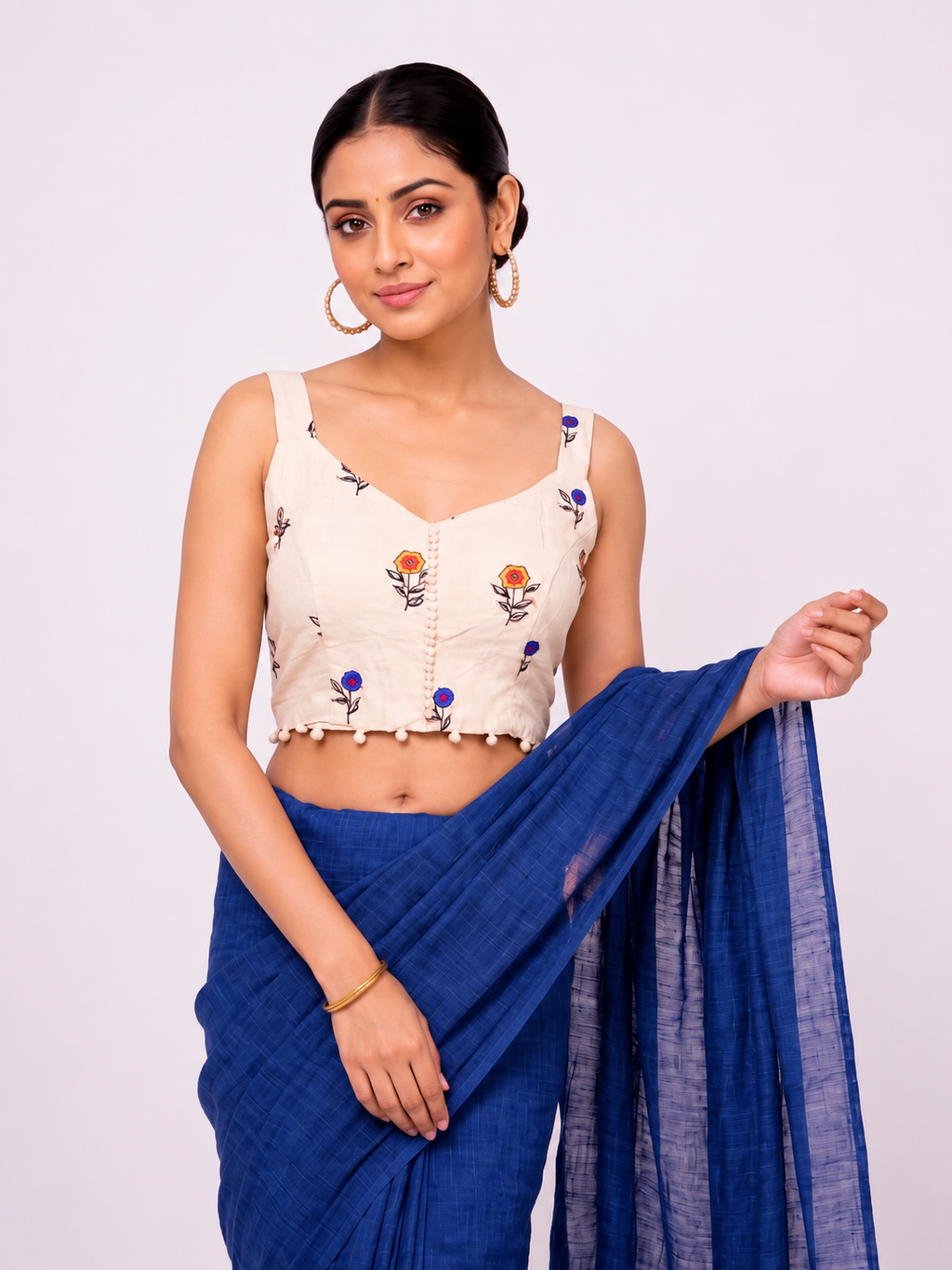 Khadi Cotton Saree with Designer Embroidered Sleeveless Blouse