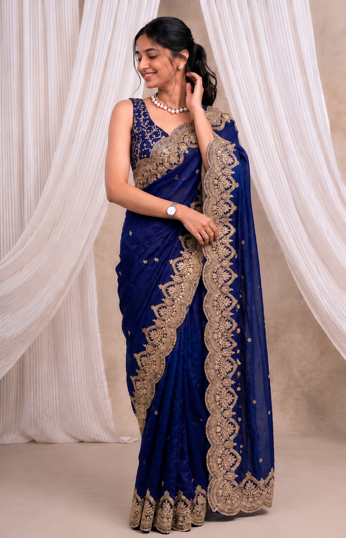 Premium Fandy Chiffon Saree with Sequins Zari Work