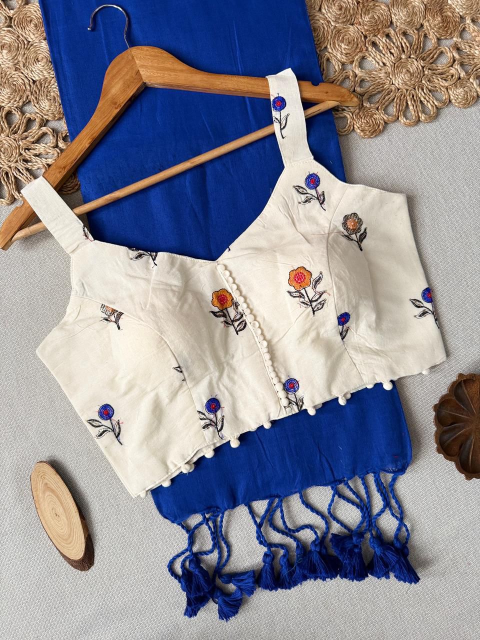 Khadi Cotton Saree with Designer Embroidered Sleeveless Blouse