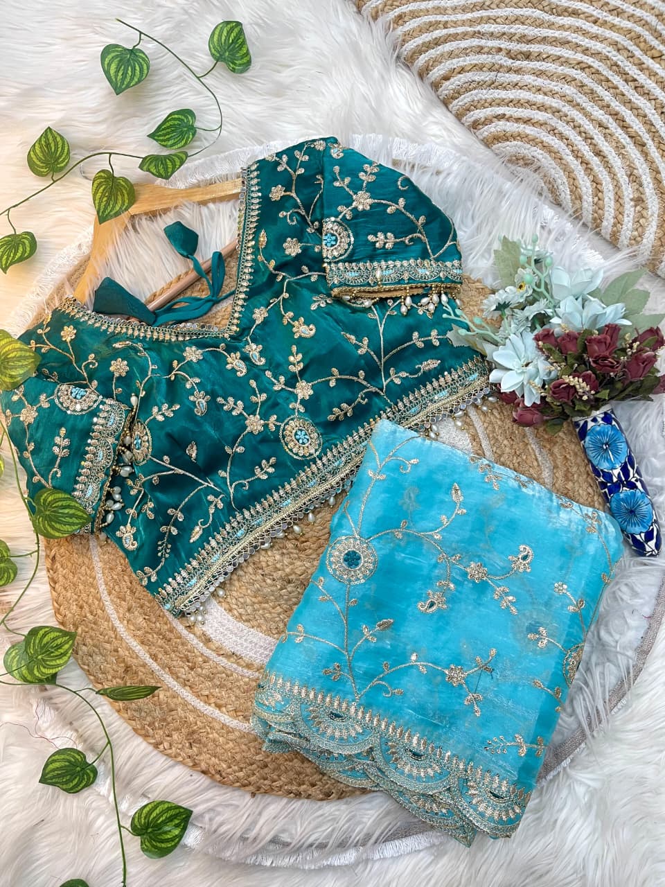 Embroidered Satin Saree with Heavy Sequin Blouse