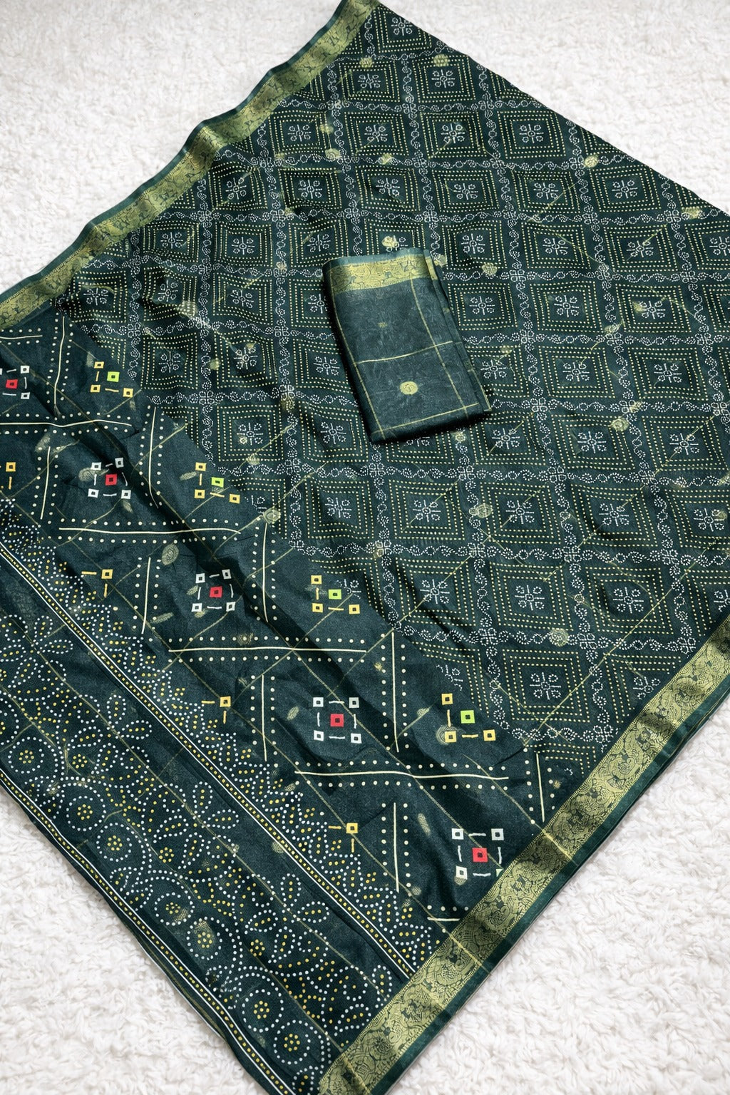 Bandhani Print Soft Silk Blend Saree with Rich Golden Zari Border