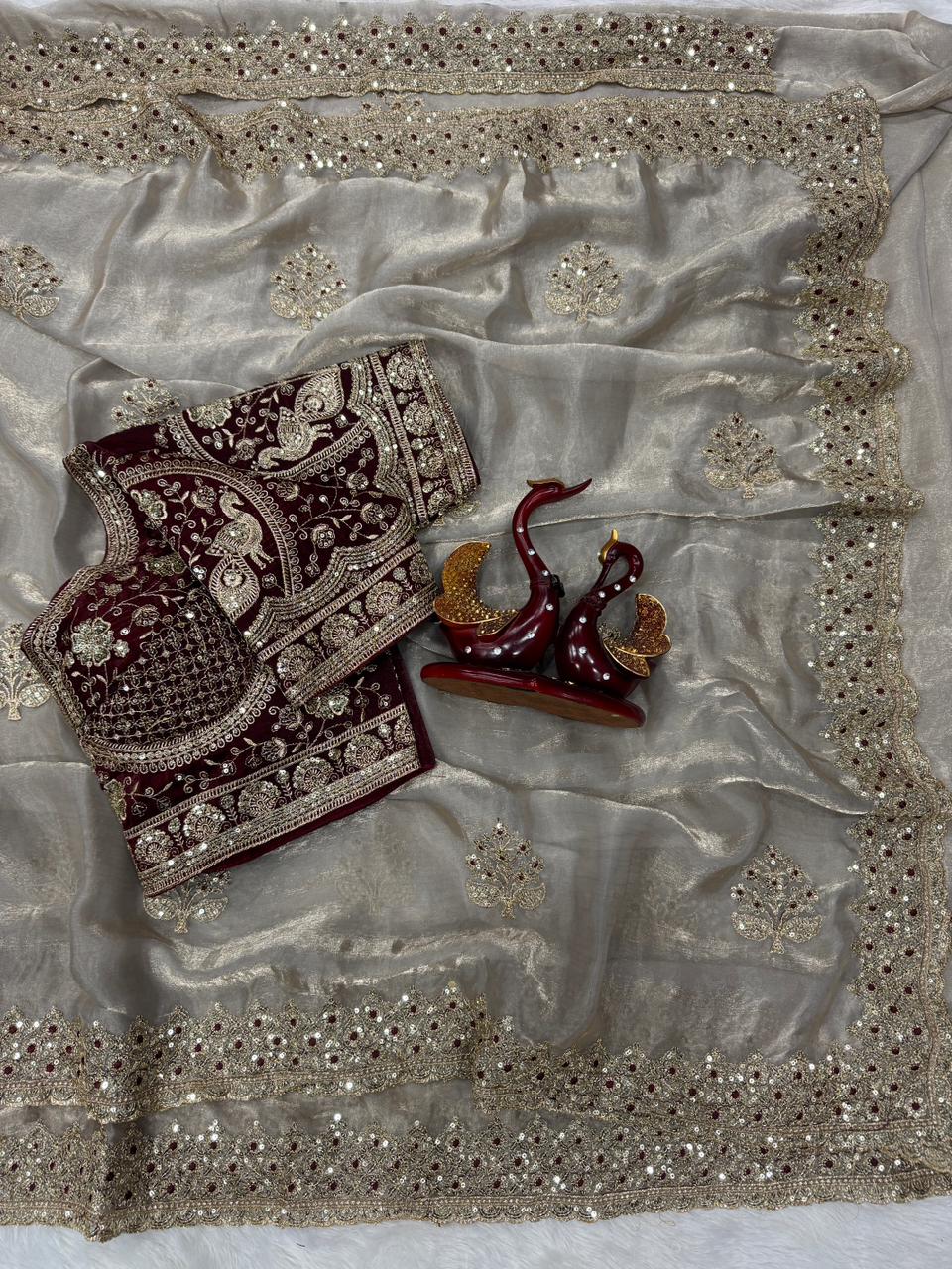 Elegant Satin Embroidered Saree with Sequins Border