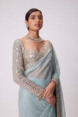 Marvelous Sky Color Georgette Original Mirror Saree
