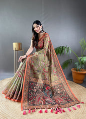 Preferable Cotton Kalamkari Prints Mehndi Color Saree