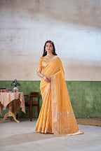 Party Wear Gold Zari Soft Linen Cotton Silk Saree