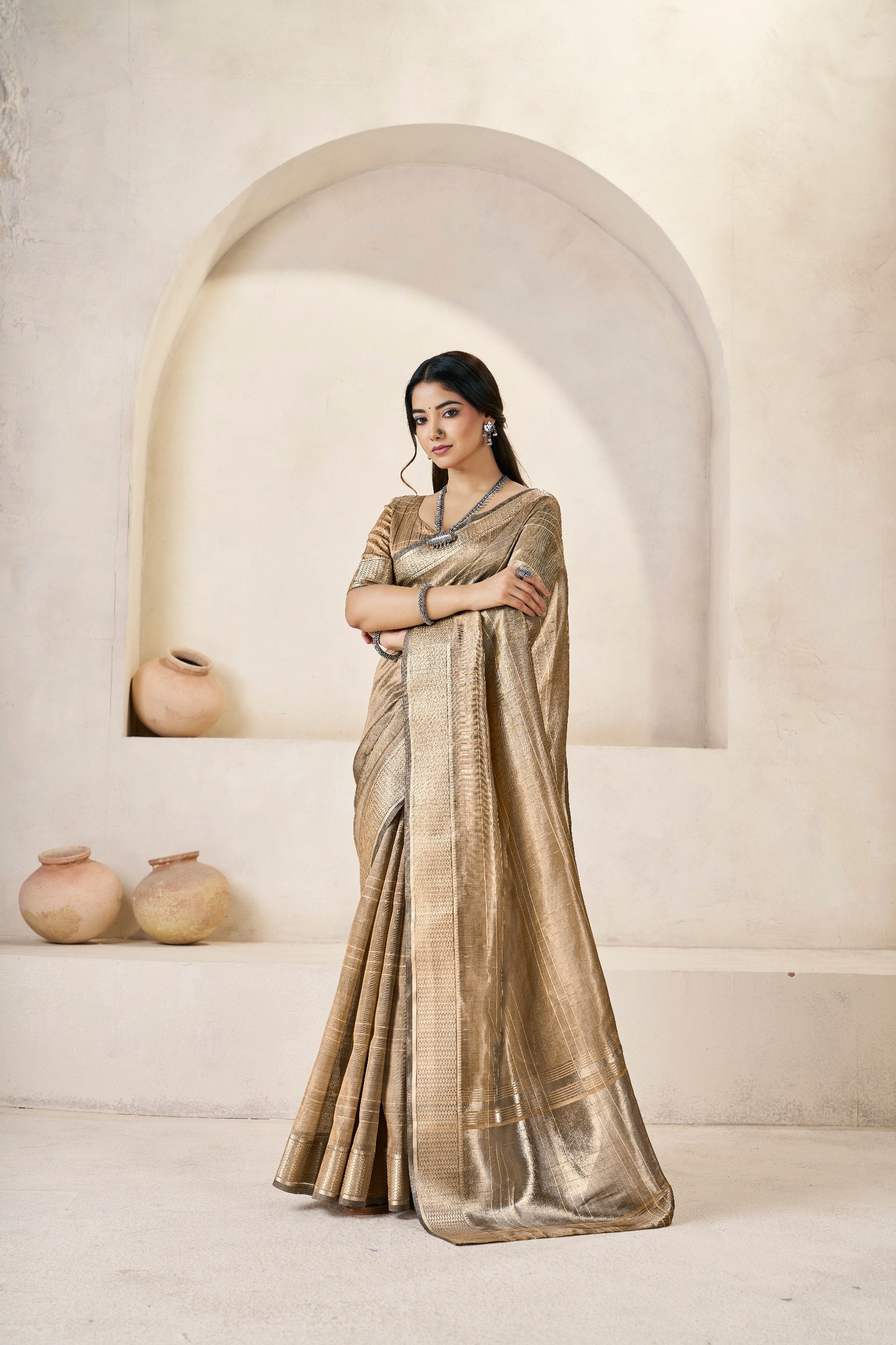 Designer Gold Zari With Soft Linen Cotton Silk Saree