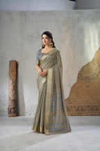Rich Gold Zari Weaving Soft Linen Cotton Silk Saree