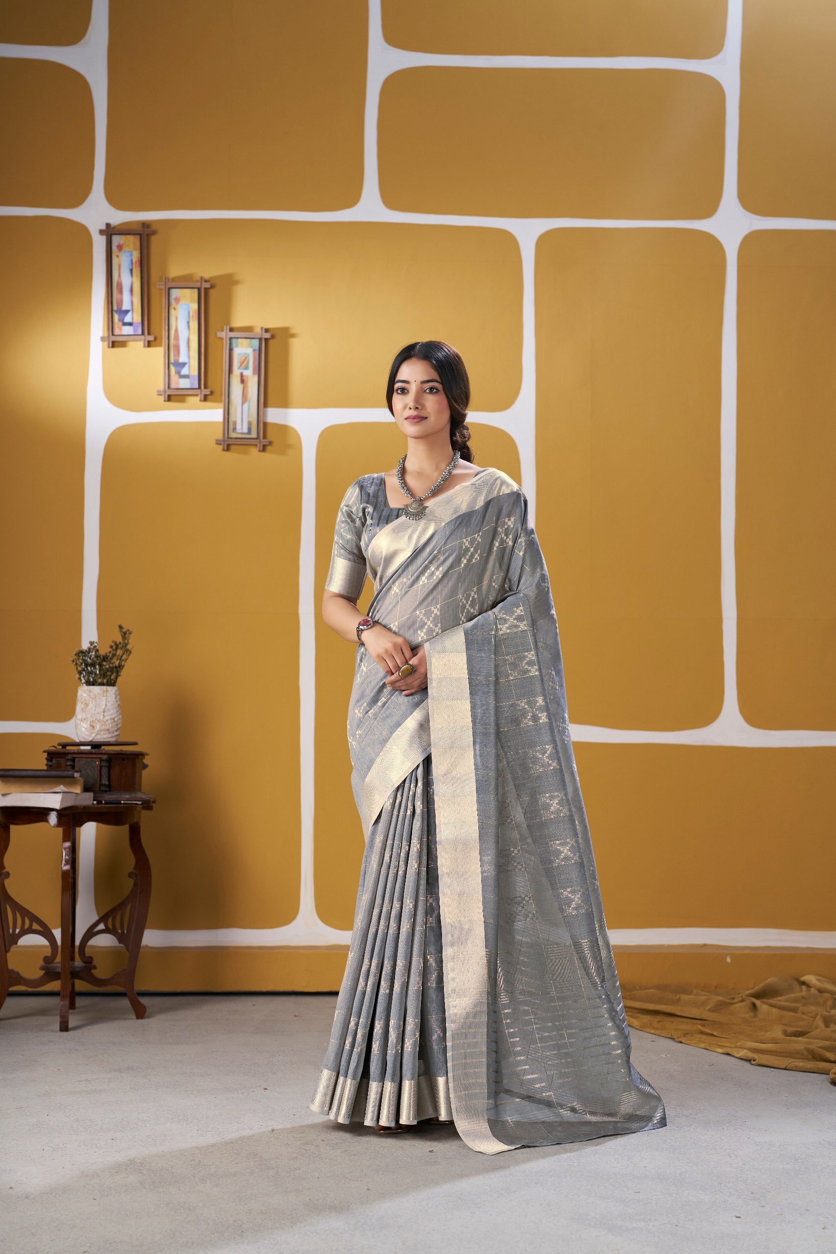 Premium Linen Cotton Silk Saree with Gold Zari Design