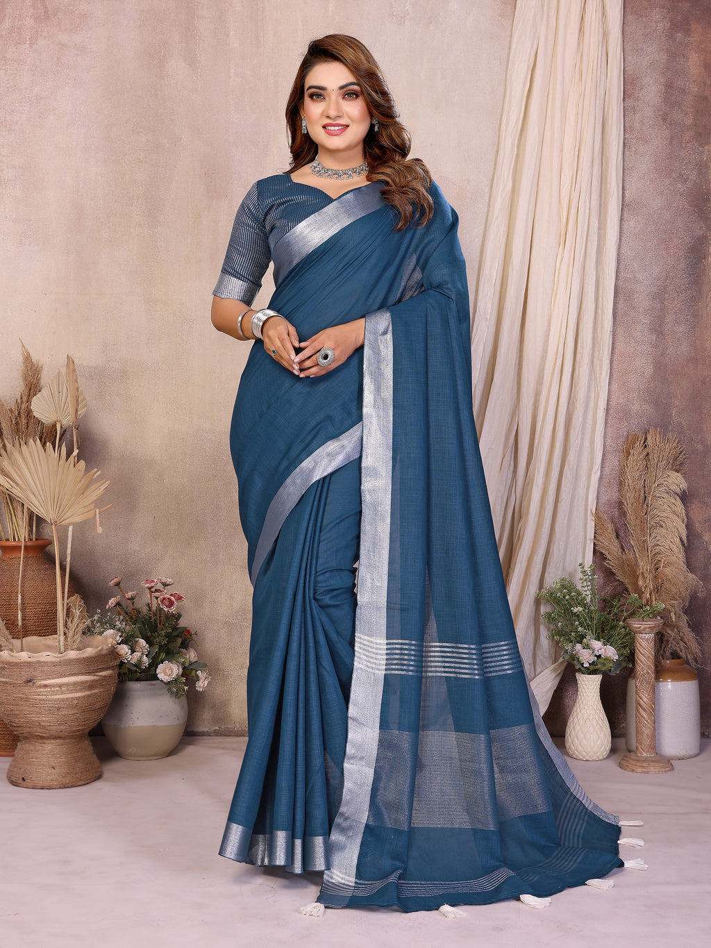 Beauty Soft Linen Cotton Saree with Silver Zari Border