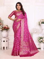 Bandhej Print Soft Satin Silk Saree with Zari Border