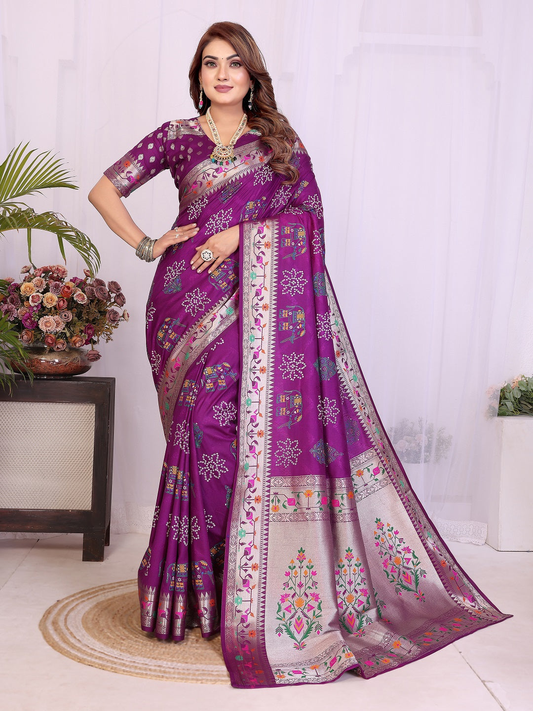 Dola Silk Bandhej Khadi Print Saree with Kanchi Border