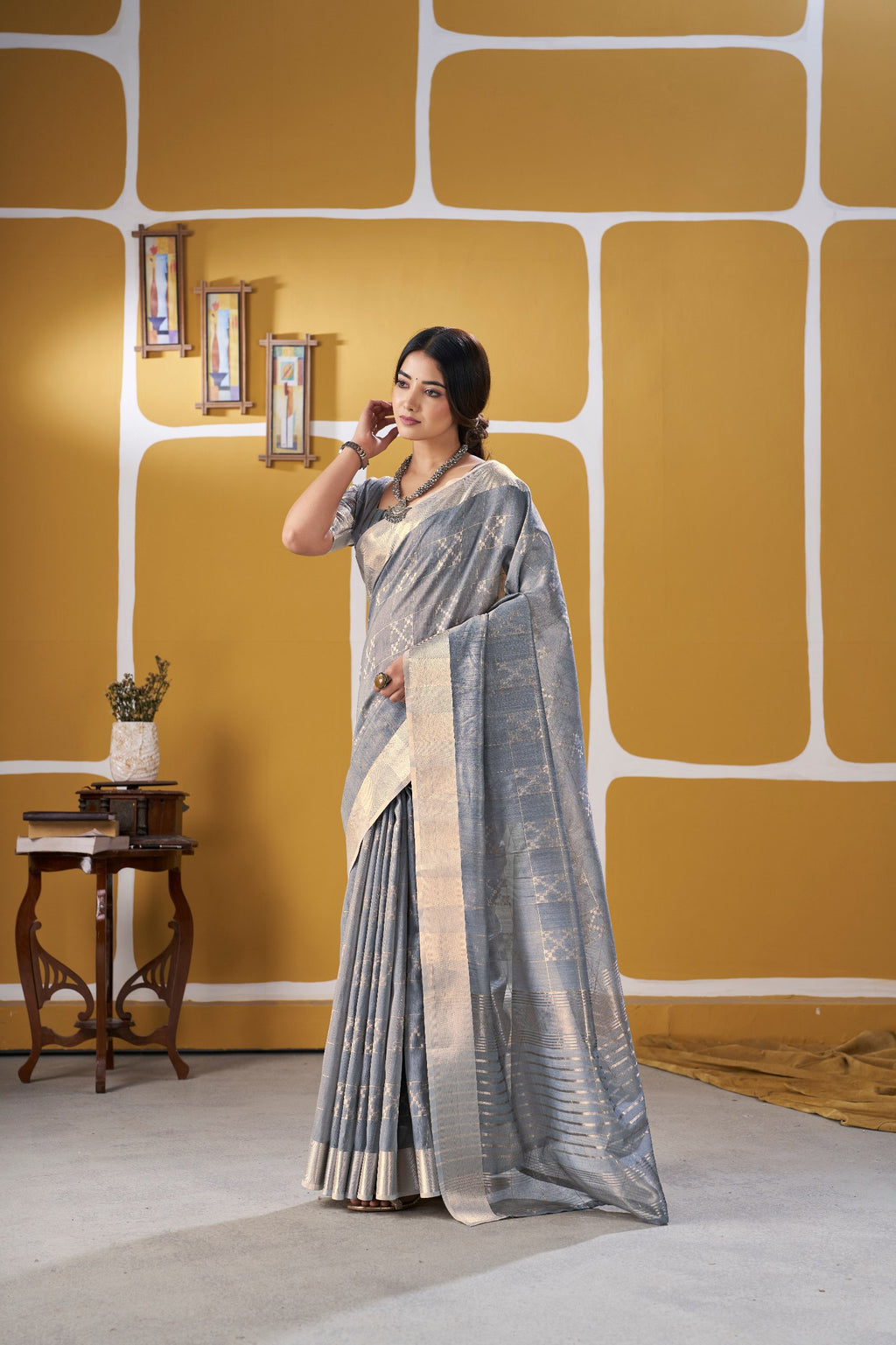 Premium Linen Cotton Silk Saree with Gold Zari Design