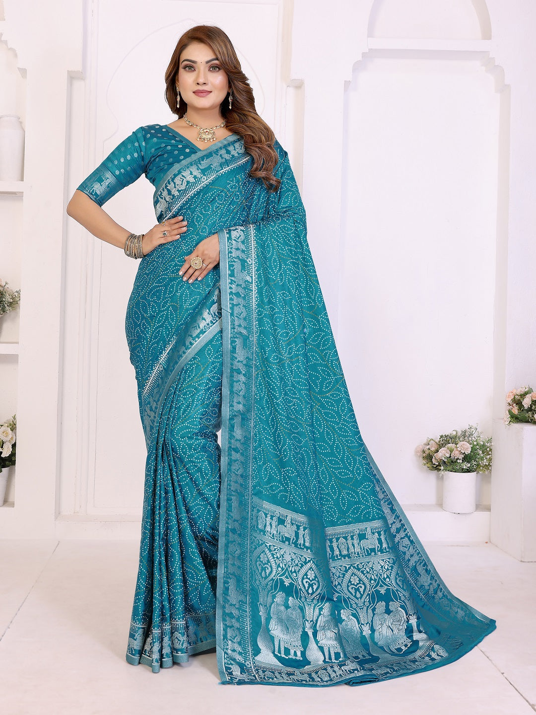 Kanchi Zari Border with Bandhej Print Saree