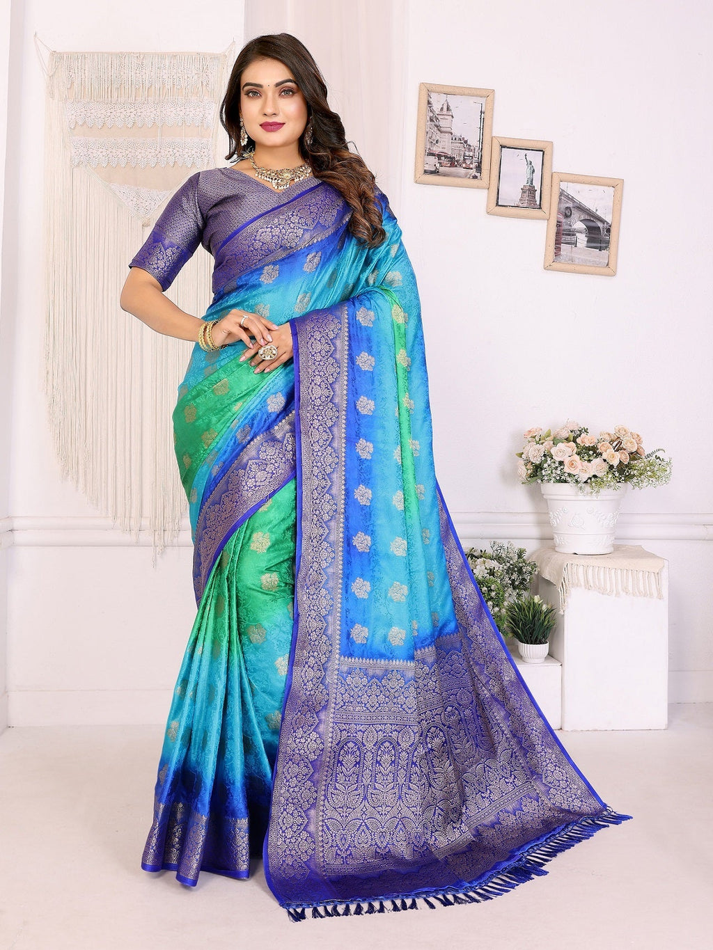 3D Multi Color Soft Satin Silk Dyed Saree with Zari Work