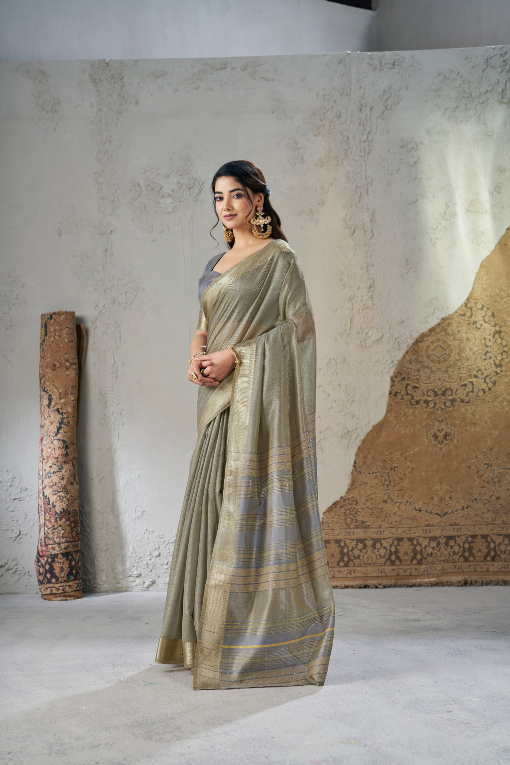 Rich Gold Zari Weaving Soft Linen Cotton Silk Saree