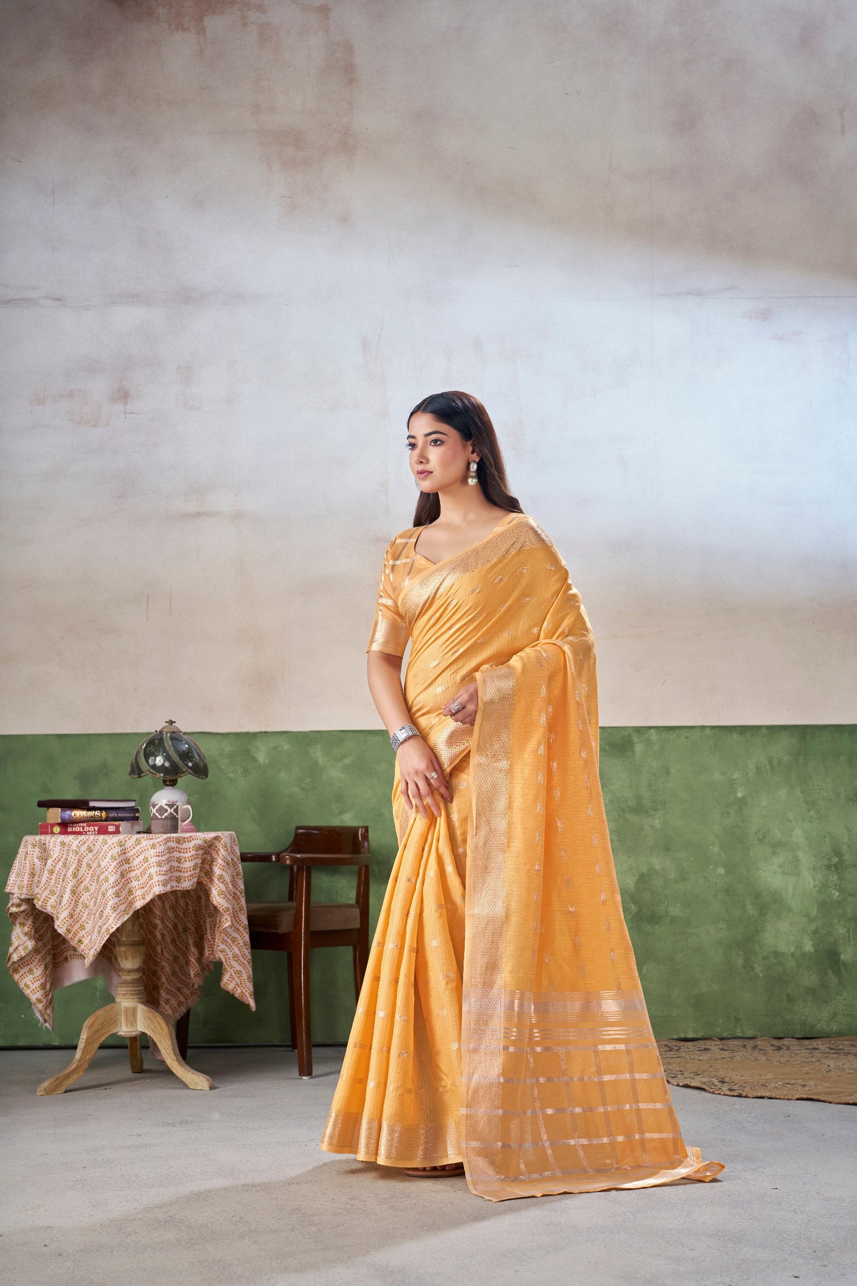 Party Wear Gold Zari Soft Linen Cotton Silk Saree
