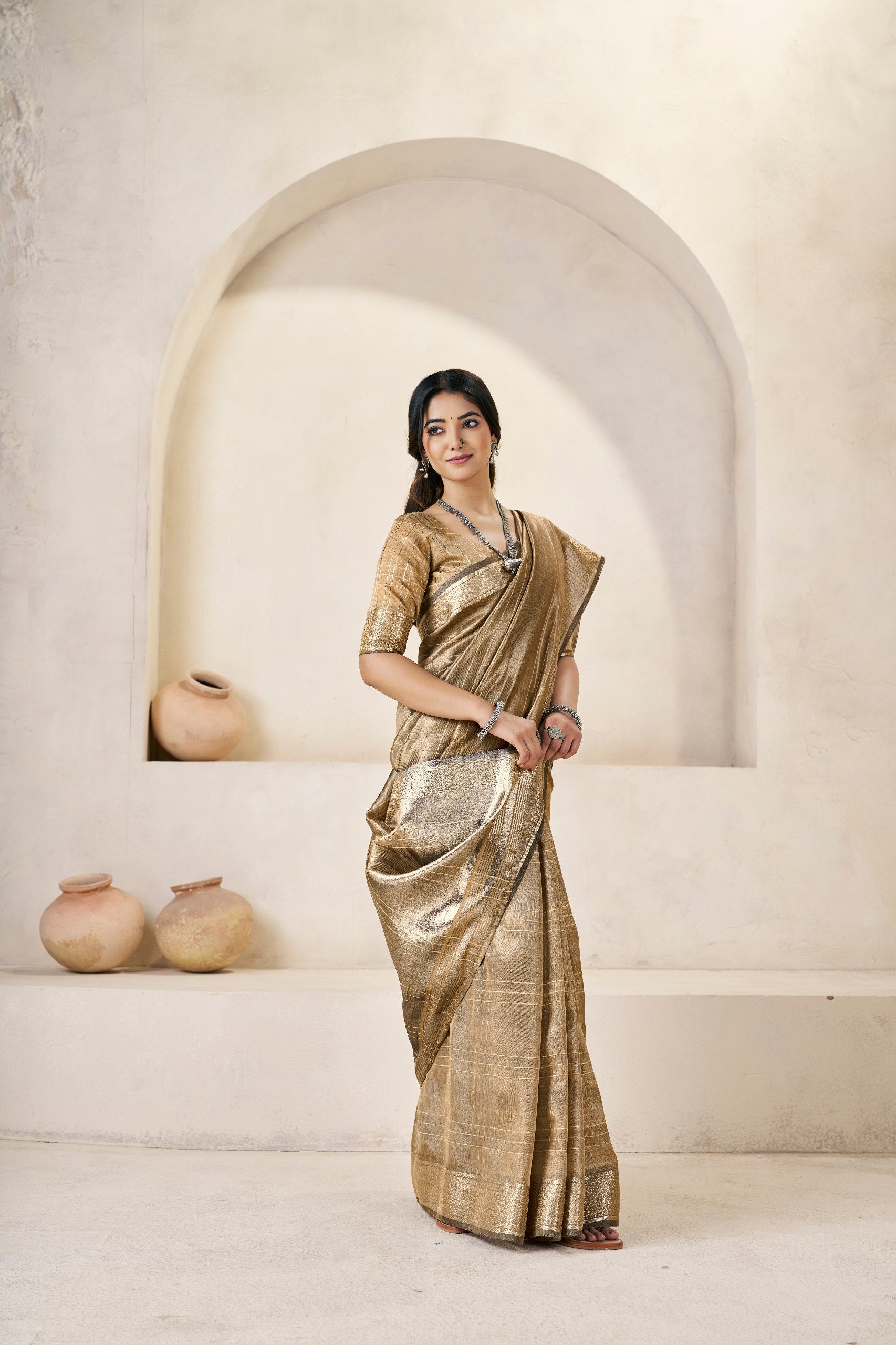 Designer Gold Zari With Soft Linen Cotton Silk Saree