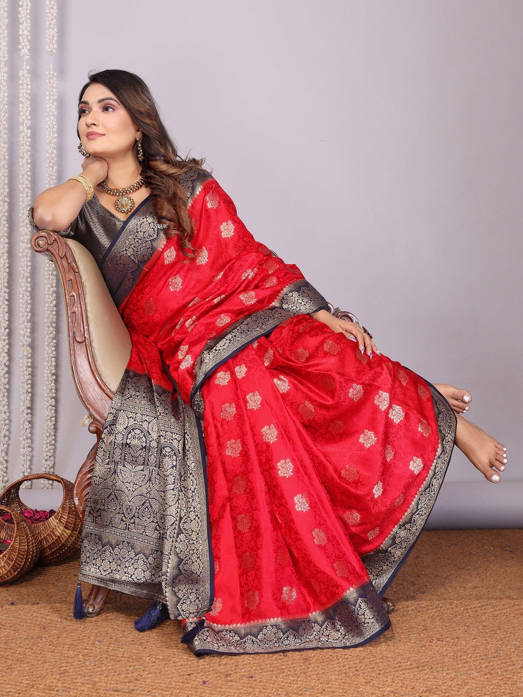 Zari Butta and Contrast Border Satin Silk Saree