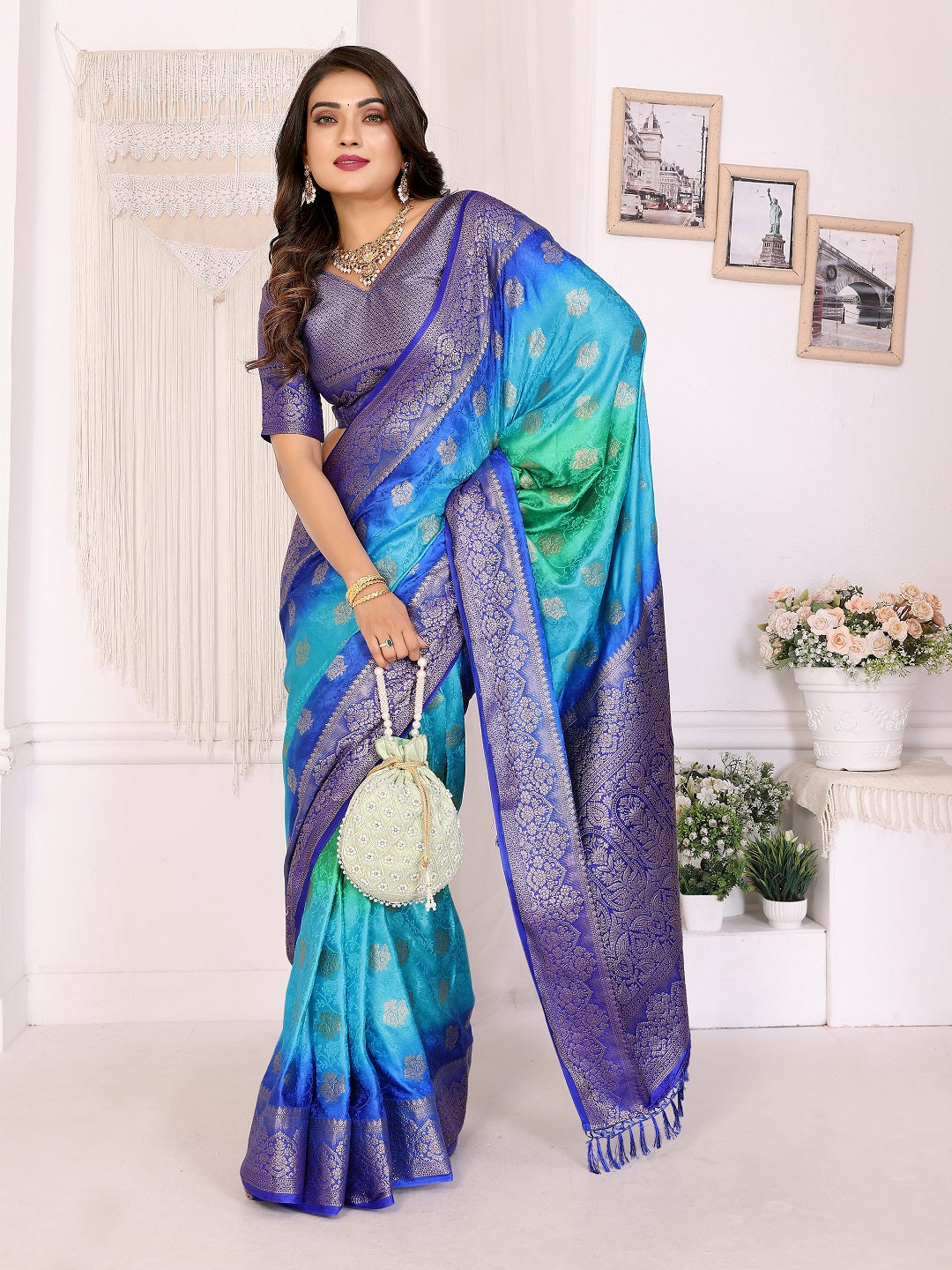 3D Multi Color Soft Satin Silk Dyed Saree with Zari Work