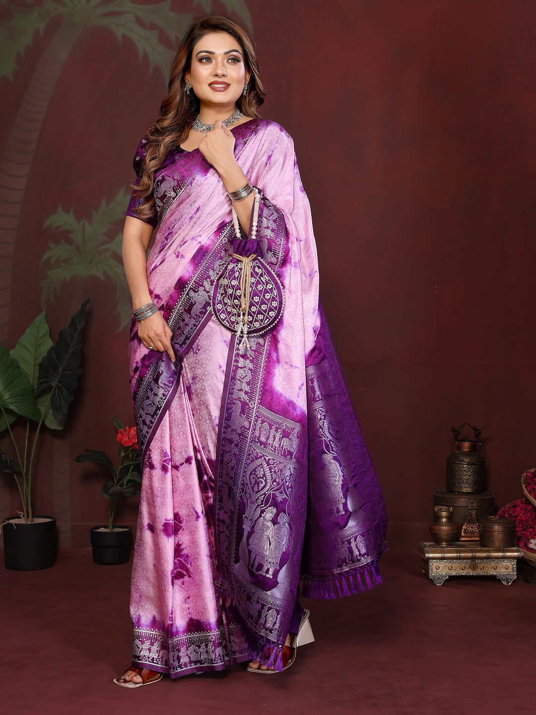 Sibori Bandhej Soft Satin Silk Zari Border Saree