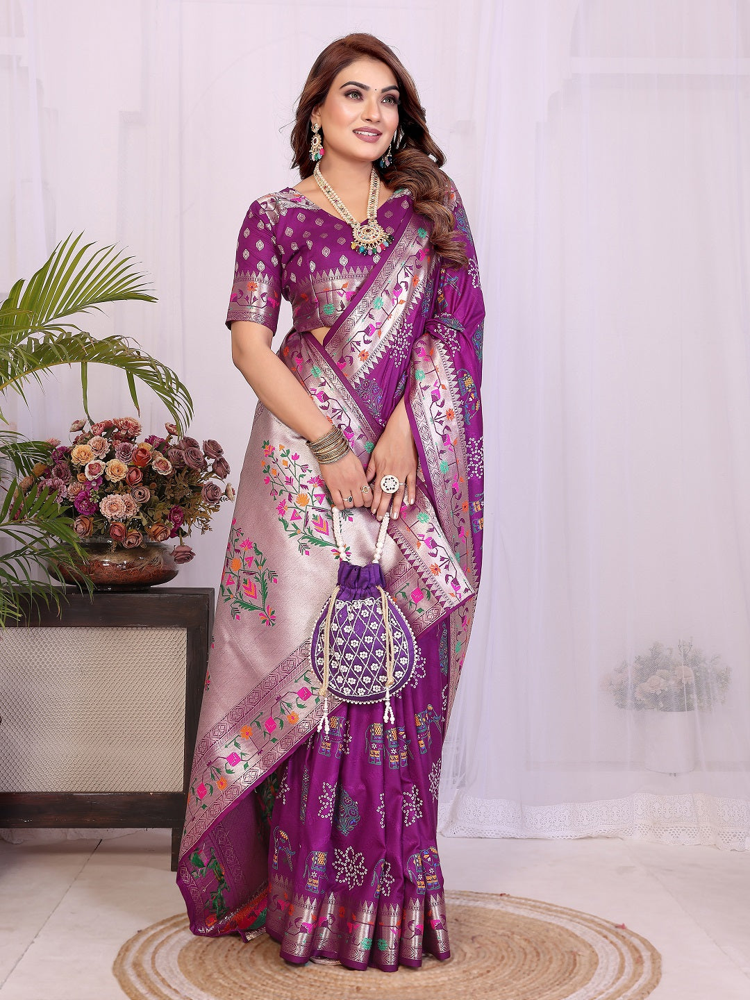 Dola Silk Bandhej Khadi Print Saree with Kanchi Border
