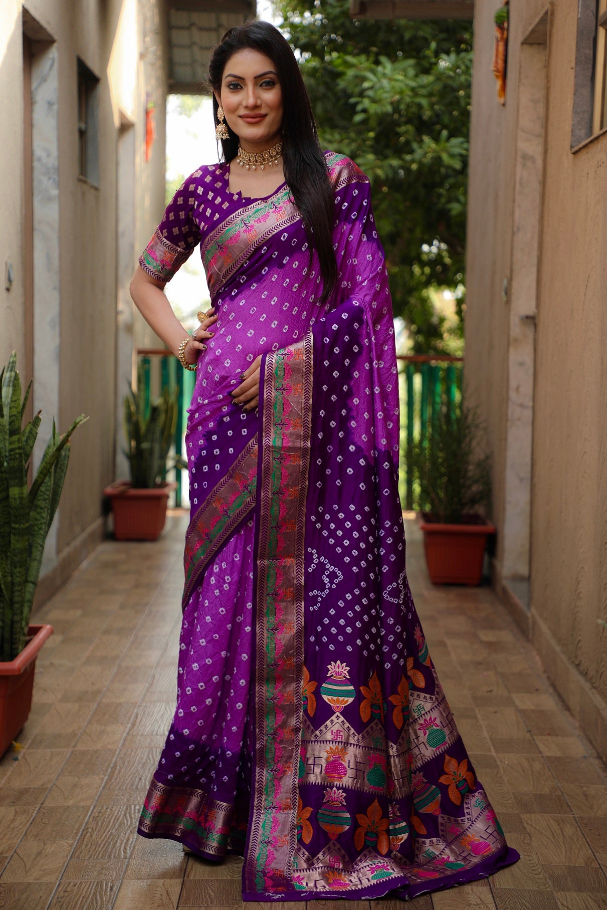 Pure Bandhej Silk Paithani Saree with Minakari Border