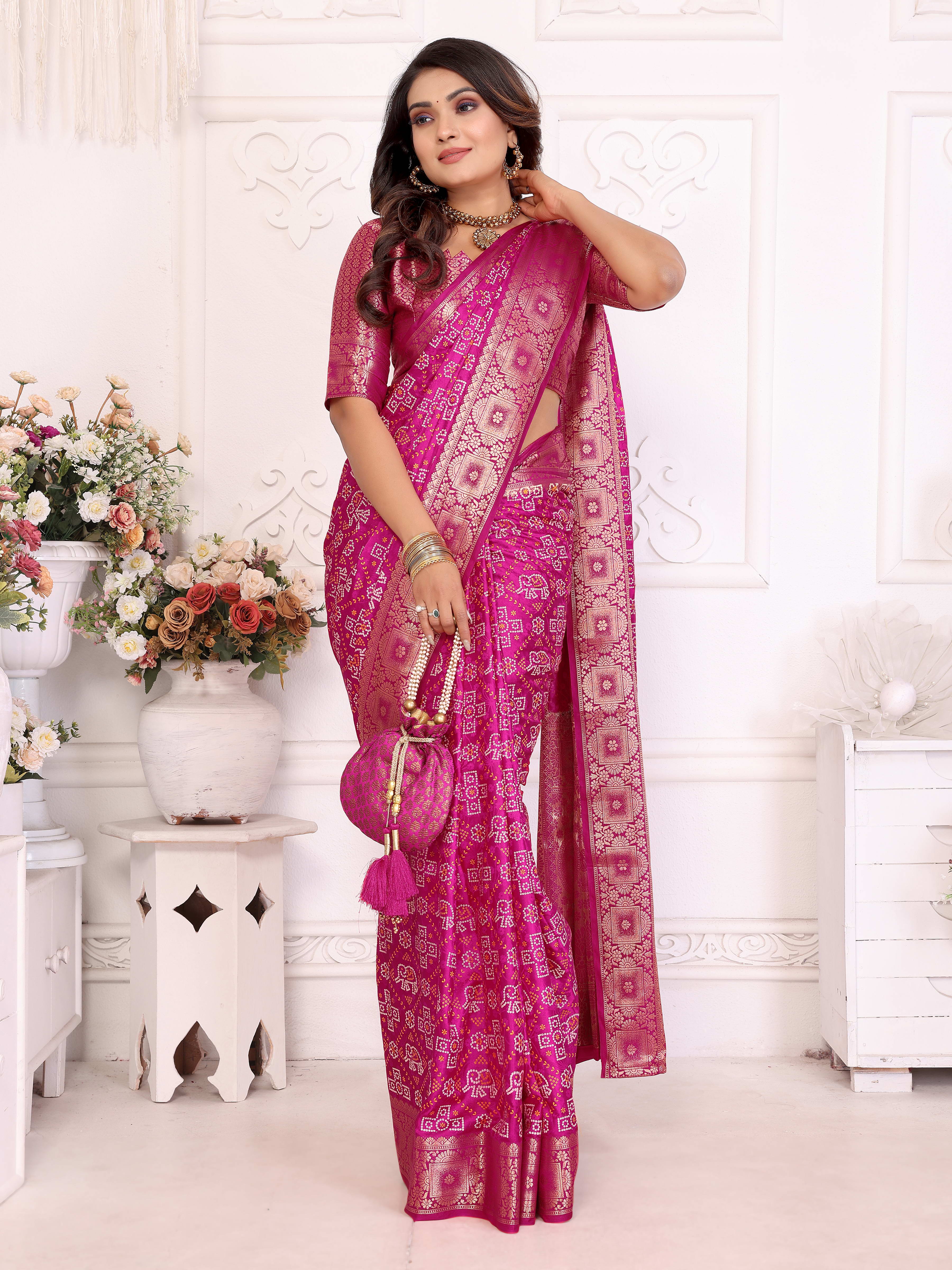 Bandhej Print Soft Satin Silk Saree with Zari Border