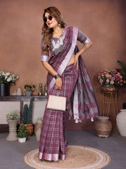 Linen Chex Weaving Saree with Jari Pallu