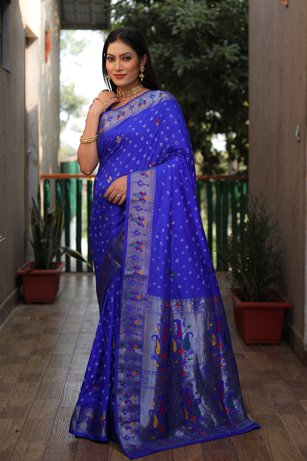 Dola Soft Silk Bandhej Paithani Saree with Zari Butti
