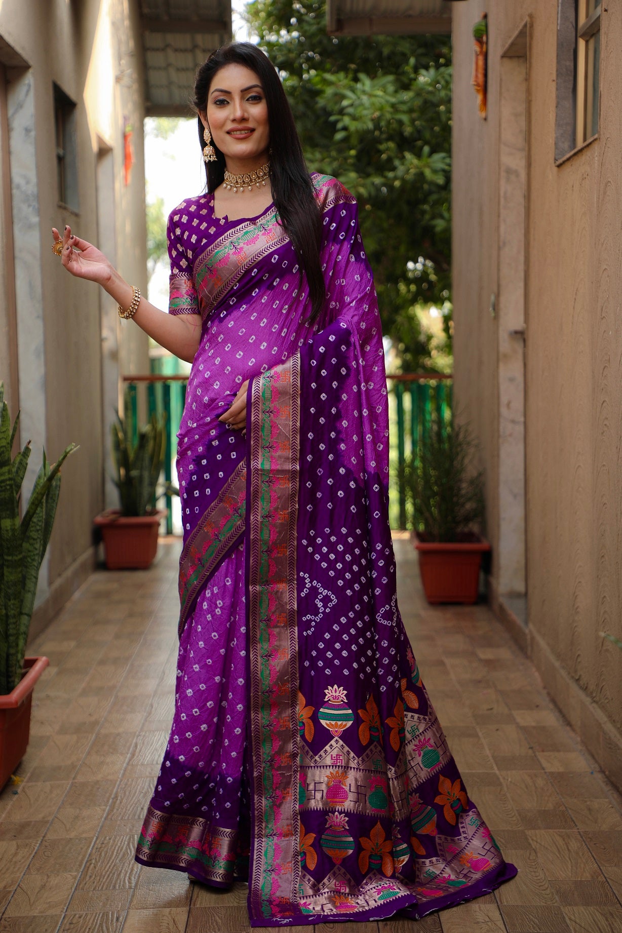 Pure Bandhej Silk Paithani Saree with Minakari Border