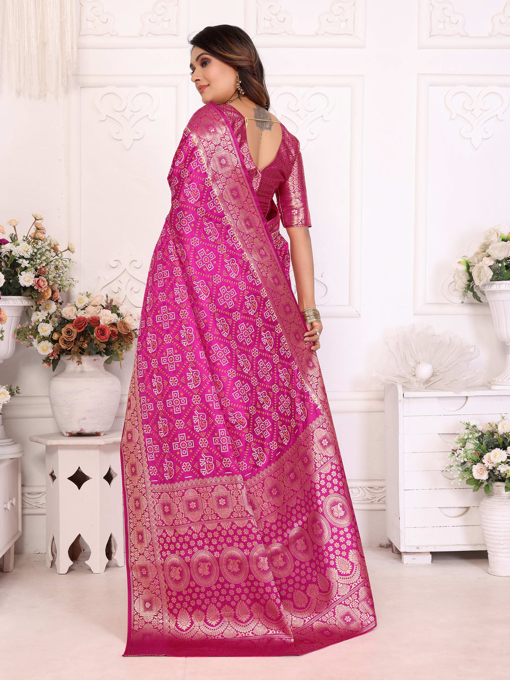 Bandhej Print Soft Satin Silk Saree with Zari Border