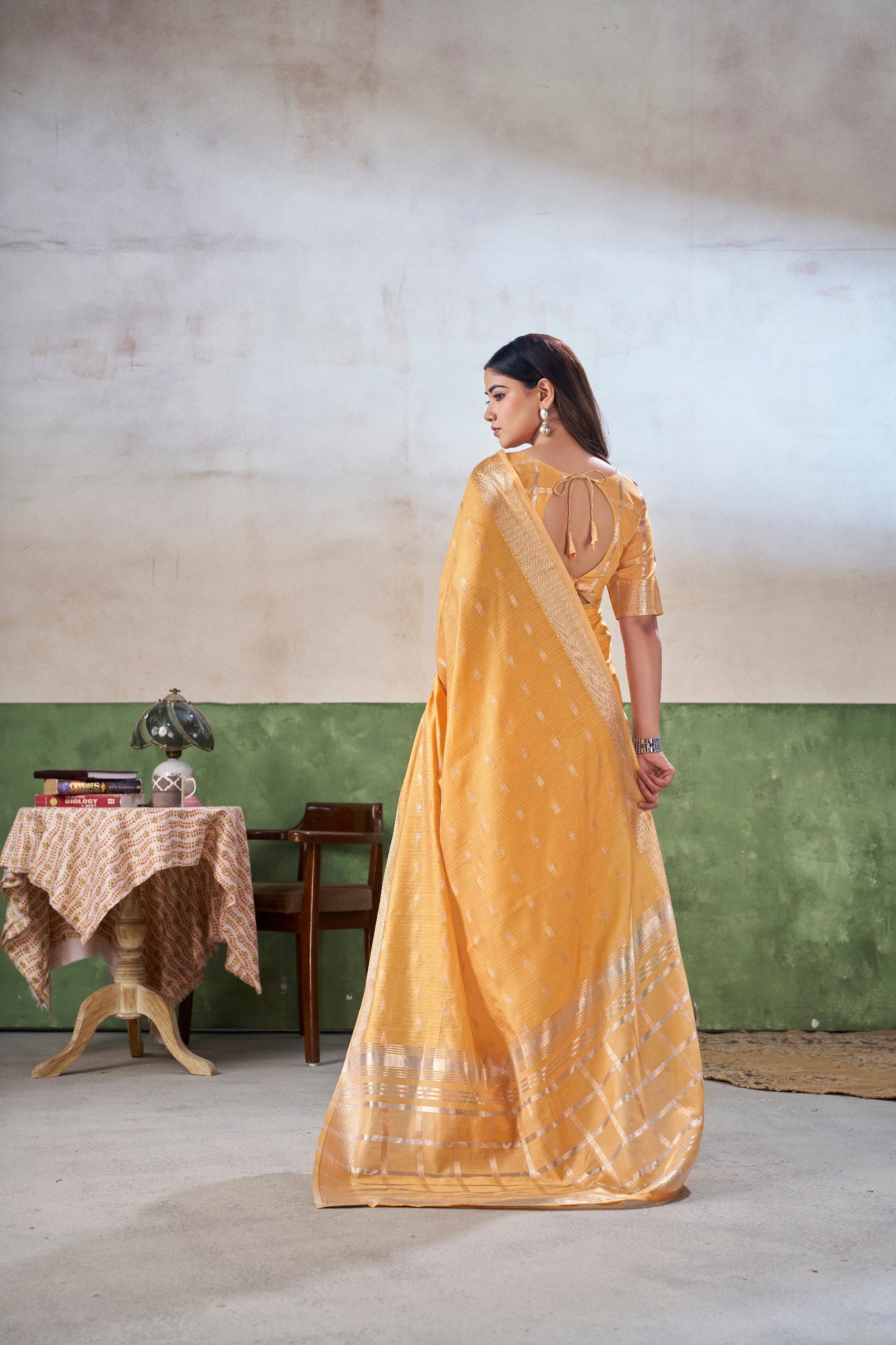 Party Wear Gold Zari Soft Linen Cotton Silk Saree