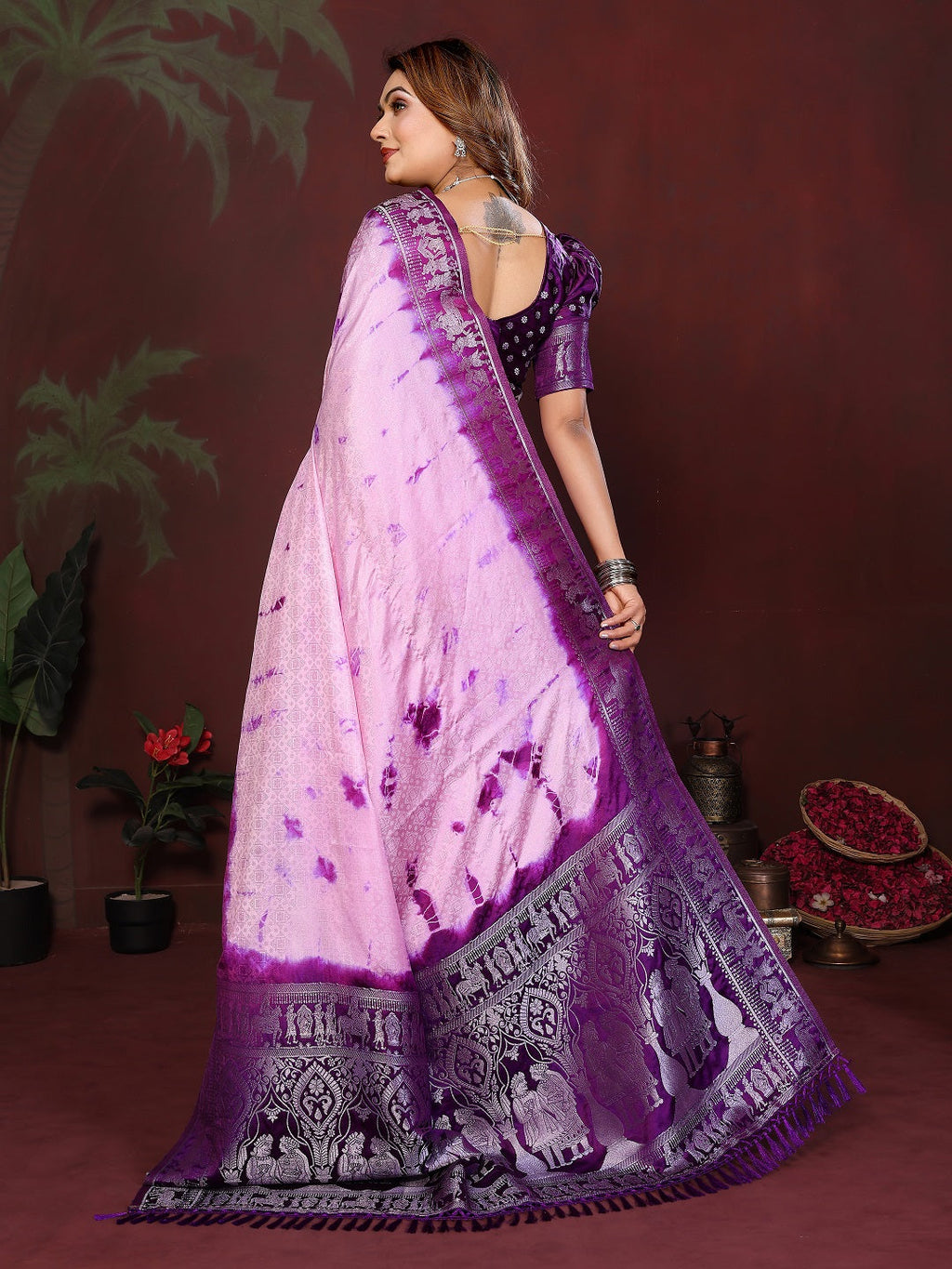 Sibori Bandhej Soft Satin Silk Zari Border Saree