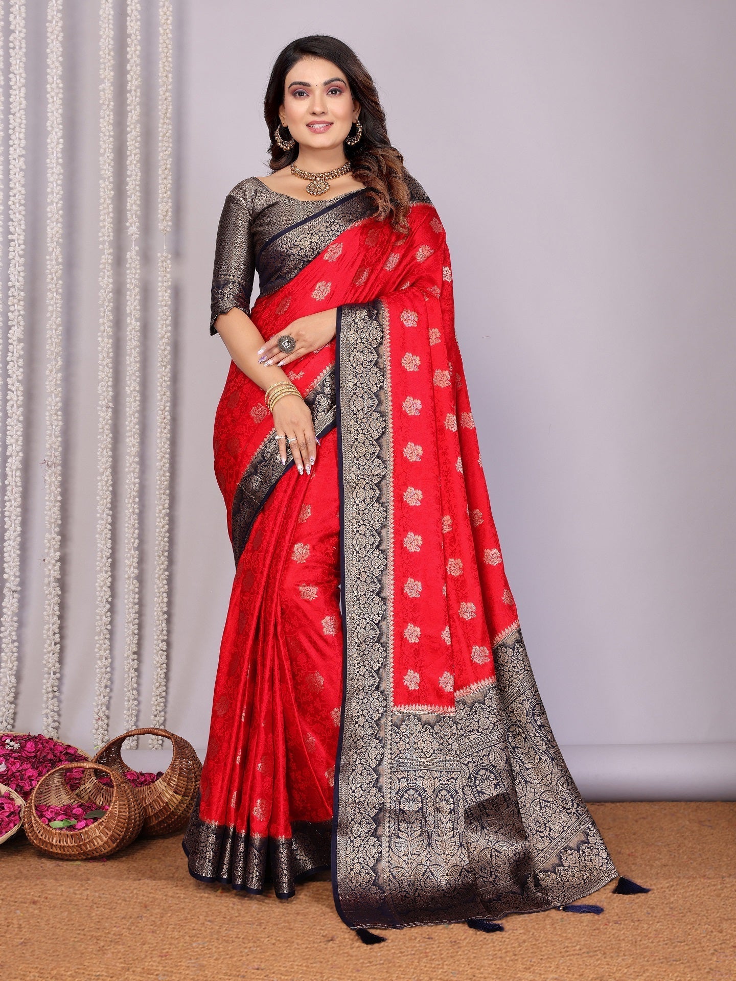 Zari Butta and Contrast Border Satin Silk Saree