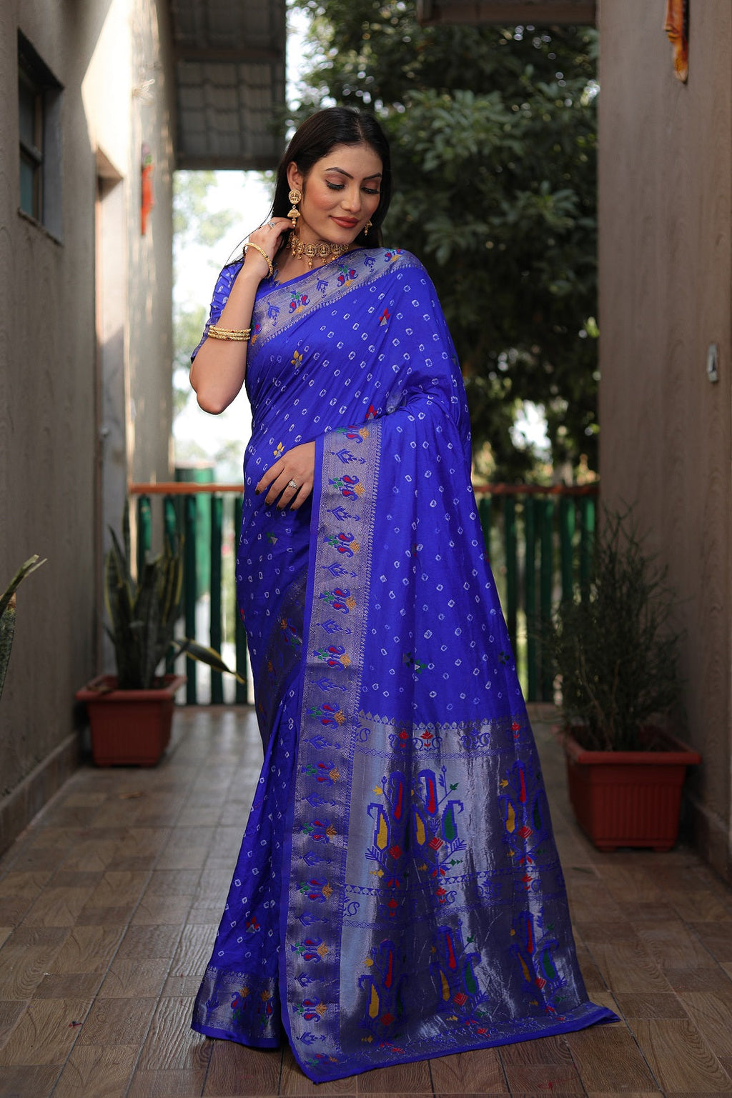 Dola Soft Silk Bandhej Paithani Saree with Zari Butti