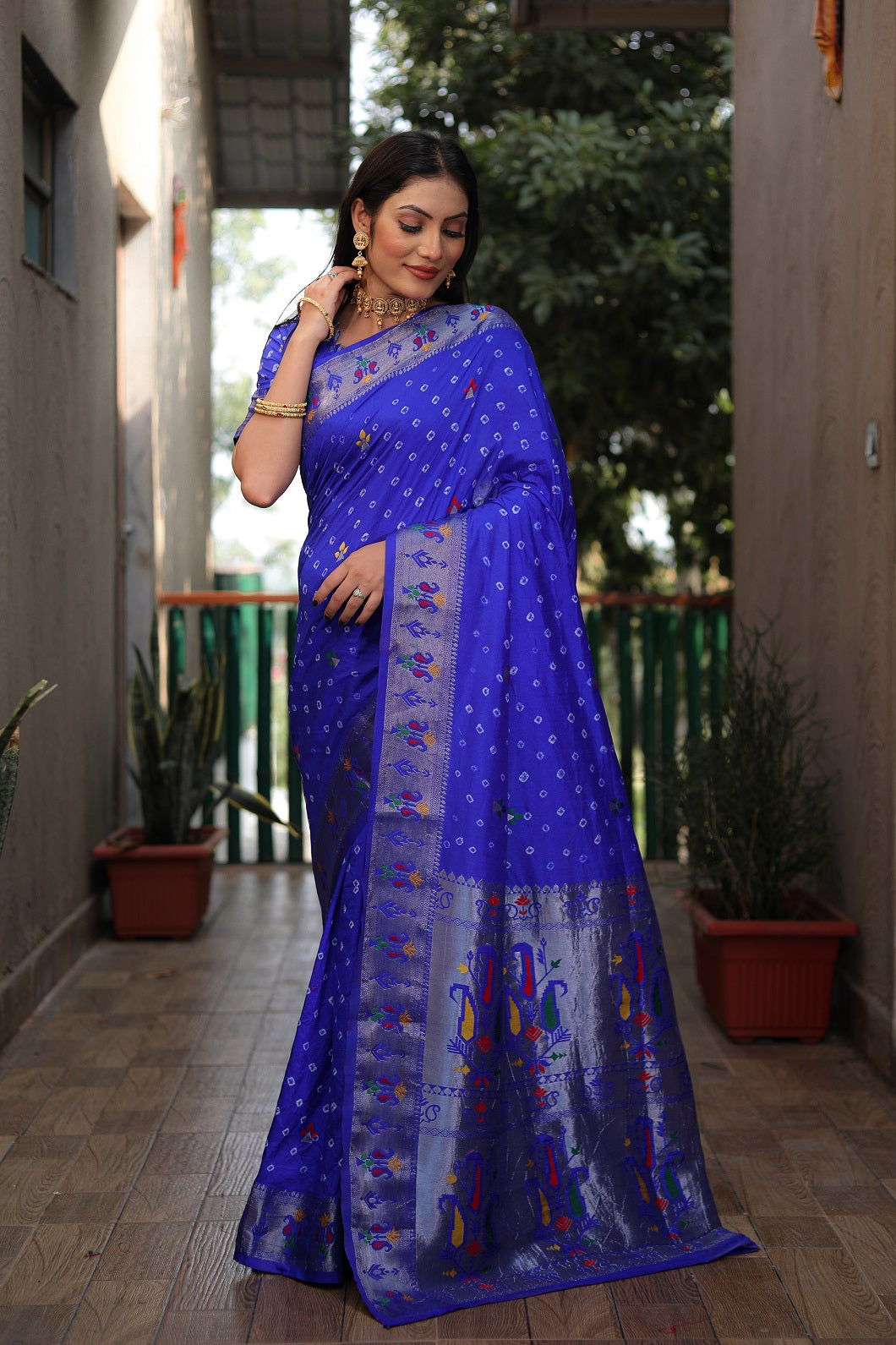 Dola Soft Silk Bandhej Paithani Saree with Zari Butti