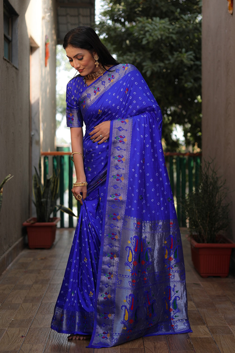 Dola Soft Silk Bandhej Paithani Saree with Zari Butti