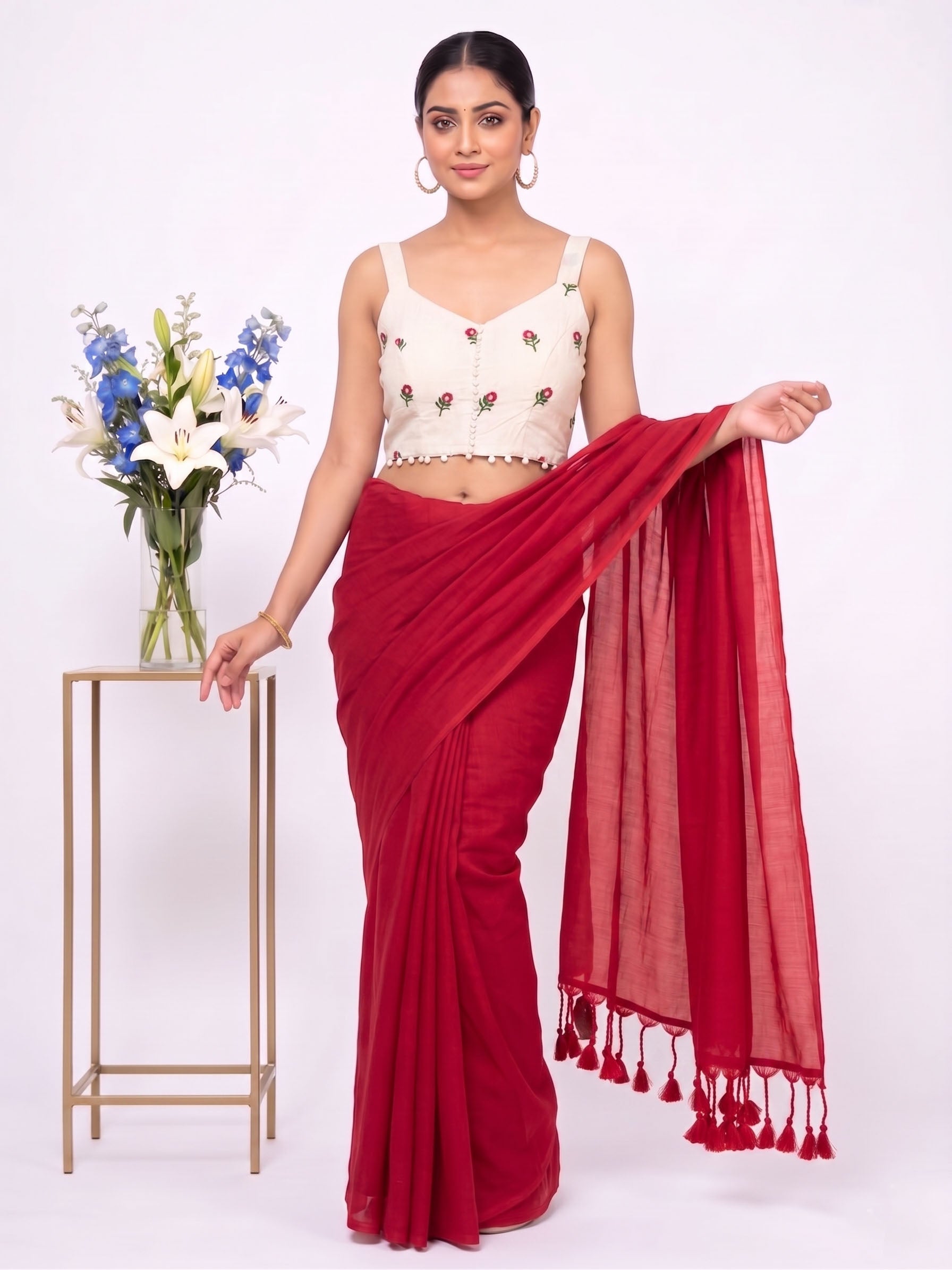 Khadi Cotton Saree with Designer Embroidered Sleeveless Blouse