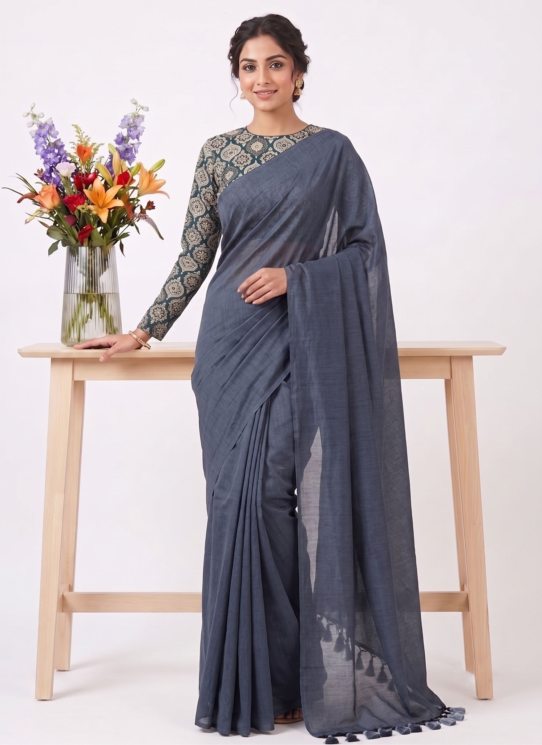 Elegant Khadi Cotton Saree with Stretchable Ajrak Print Blouse