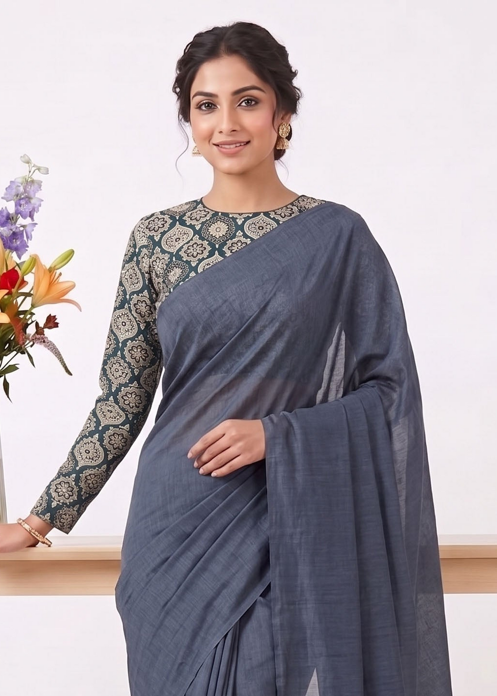 Elegant Khadi Cotton Saree with Stretchable Ajrak Print Blouse